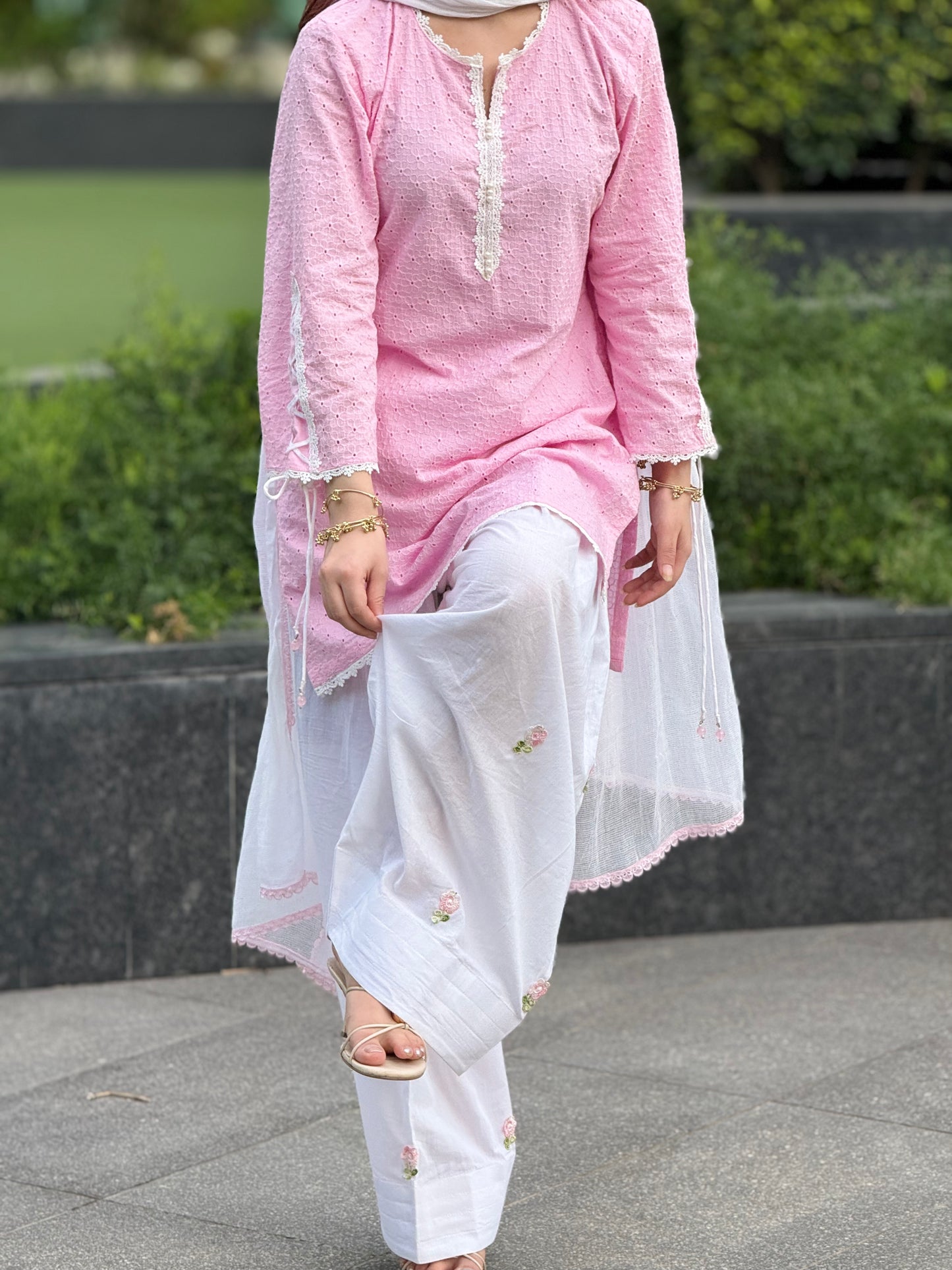 Baby-Pink Chikankari Farshi Suit Set with Corset Sleeves