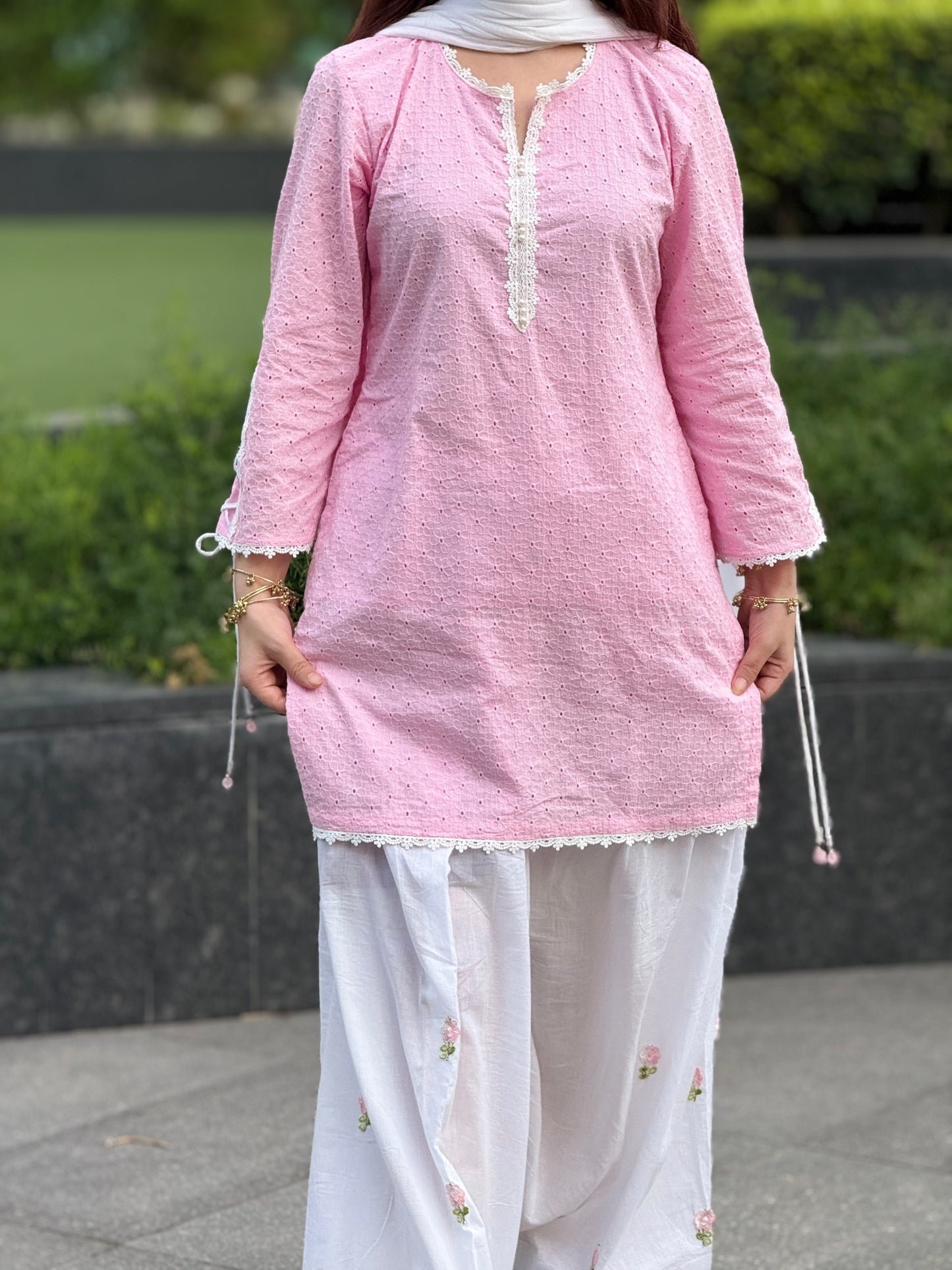 Baby-Pink Chikankari Farshi Suit Set with Corset Sleeves