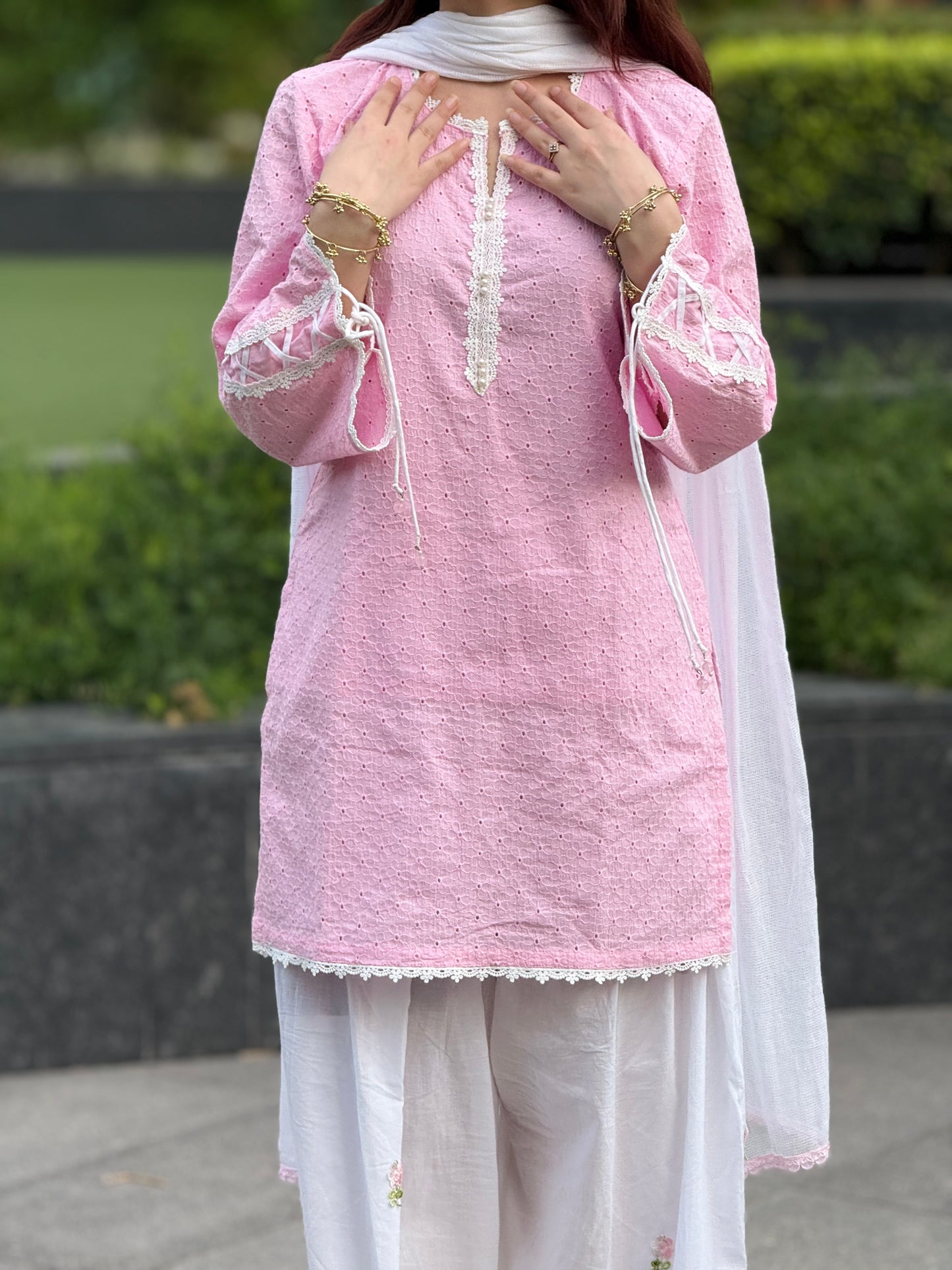 Baby-Pink Chikankari Farshi Suit Set with Corset Sleeves