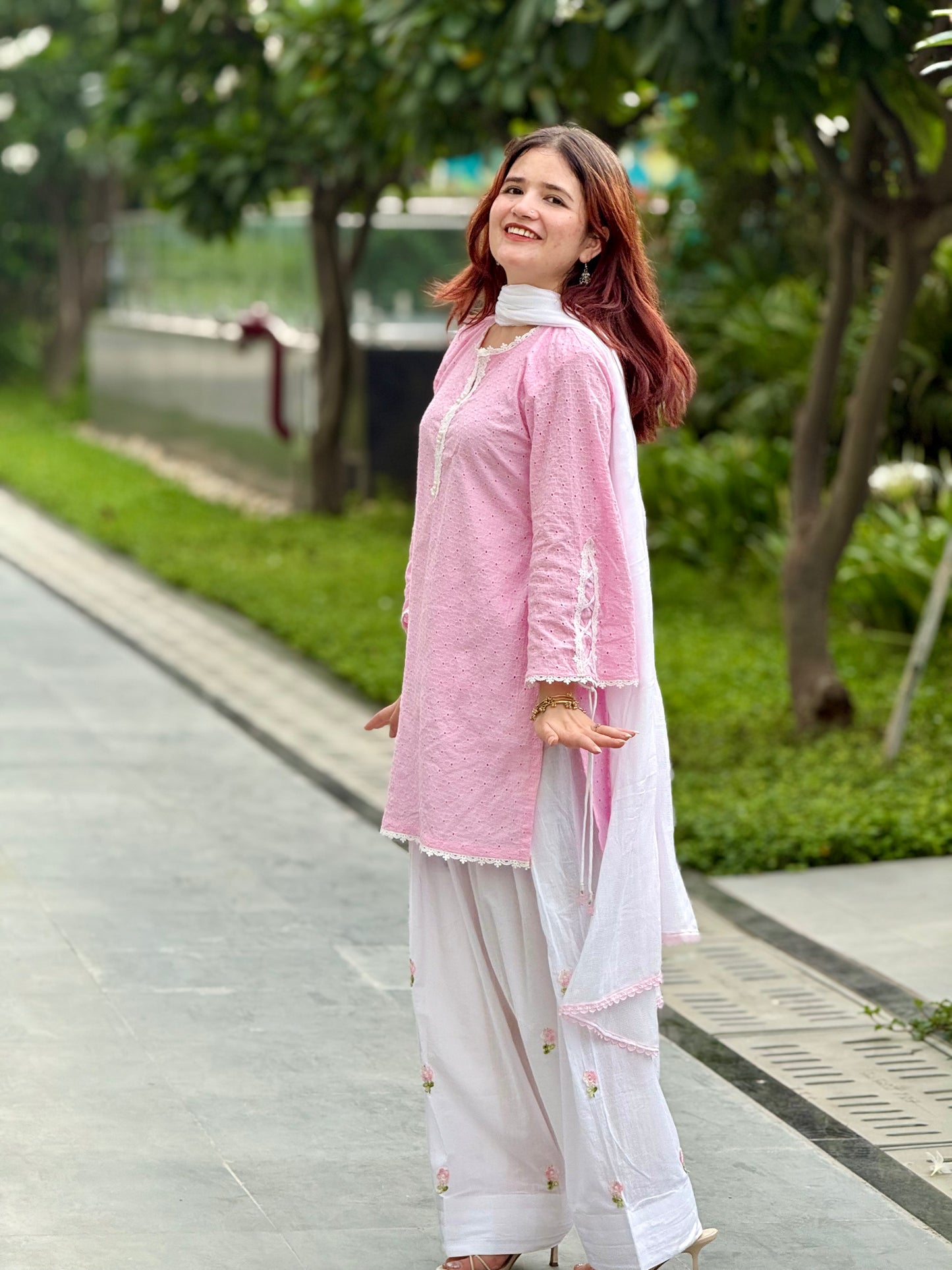 Baby-Pink Chikankari Farshi Suit Set with Corset Sleeves
