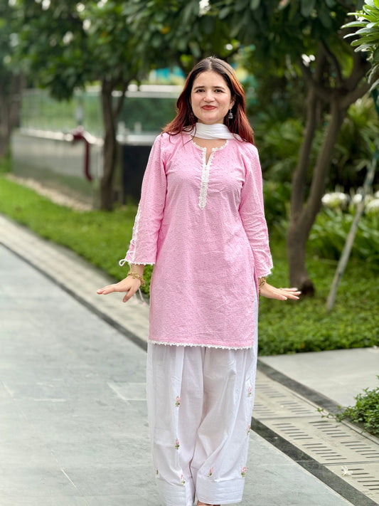 Baby-Pink Chikankari Farshi Suit Set with Corset Sleeves