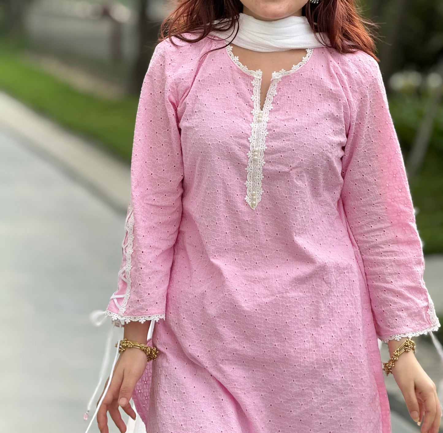 Baby-Pink Chikankari Farshi Suit Set with Corset Sleeves