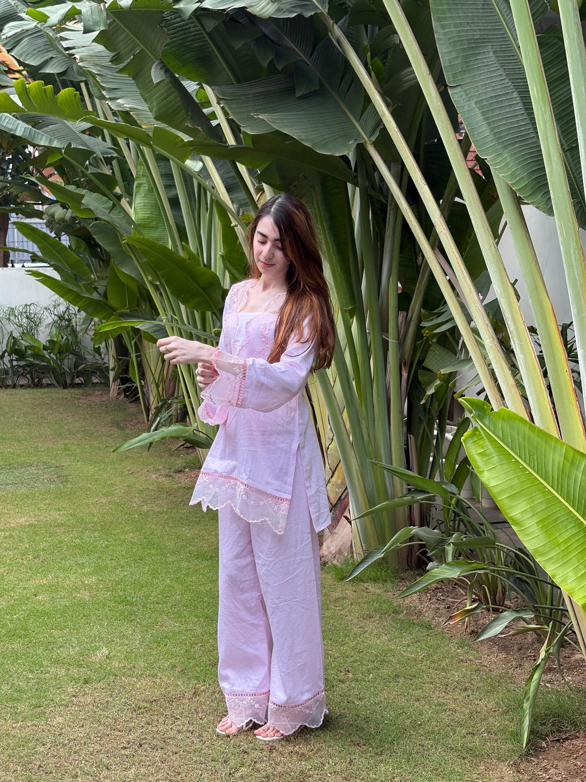 Baby Pink Cotton Silk Short Kurti with Pants | Embroidered Lace Co-Ord Set