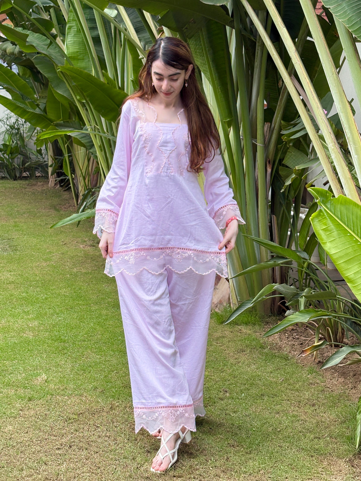 Baby Pink Cotton Silk Short Kurti with Pants | Embroidered Lace Co-Ord Set