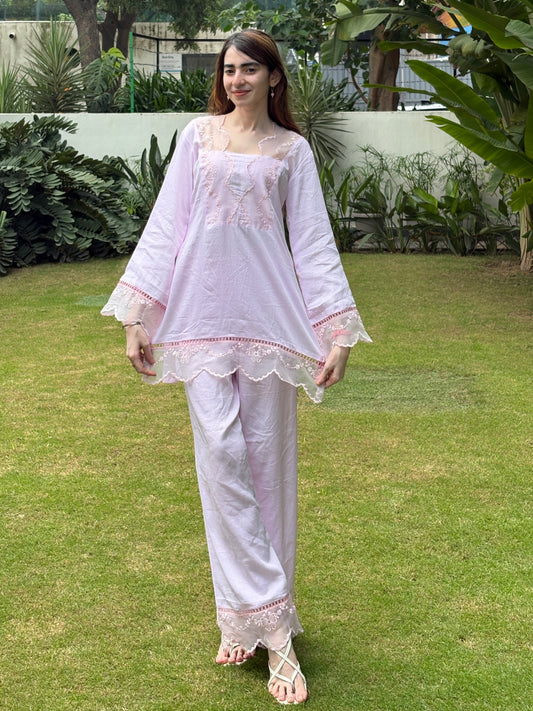 Baby Pink Cotton Silk Short Kurti with Pants | Embroidered Lace Co-Ord Set