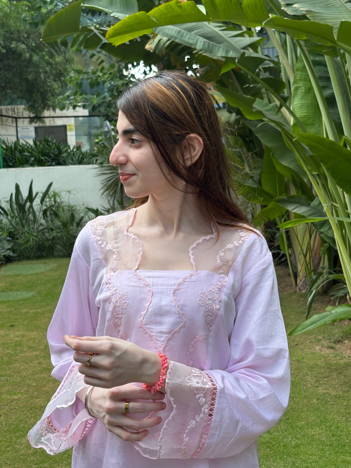 Baby Pink Cotton Silk Short Kurti with Pants | Embroidered Lace Co-Ord Set