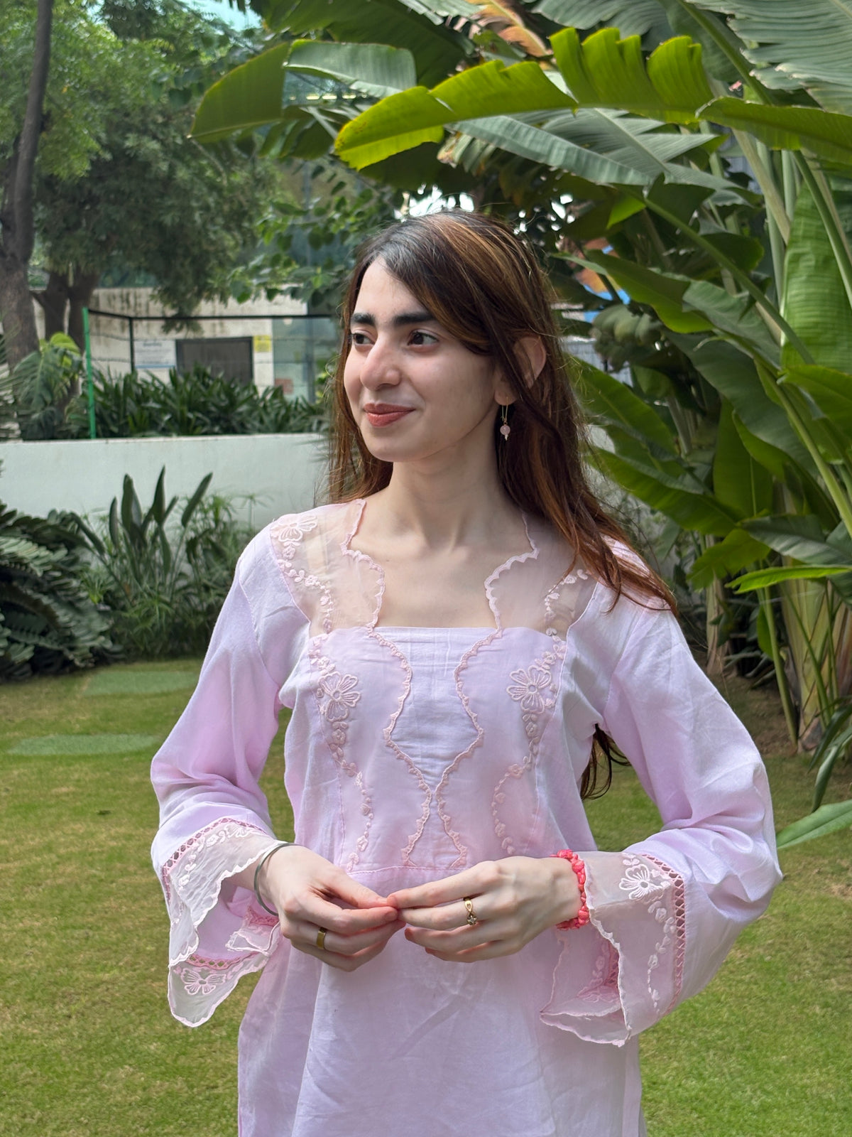 Baby Pink Cotton Silk Short Kurti with Pants | Embroidered Lace Co-Ord Set