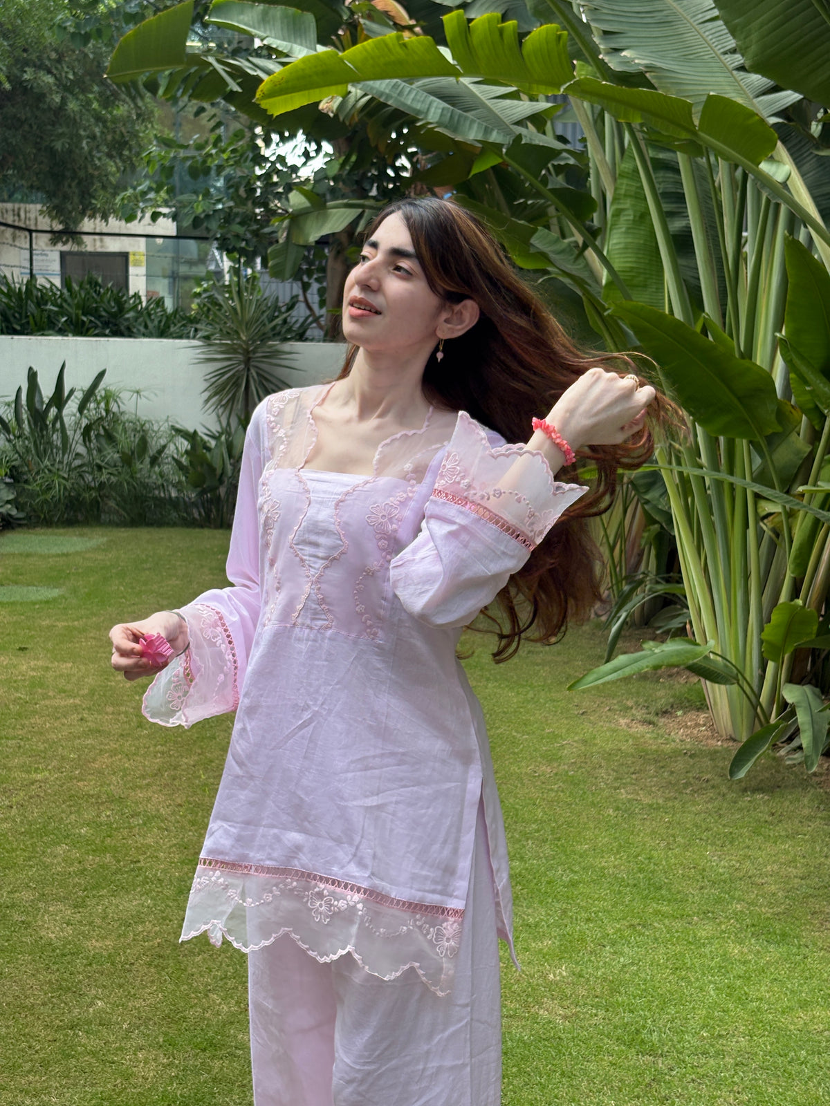 Baby Pink Cotton Silk Short Kurti with Pants | Embroidered Lace Co-Ord Set