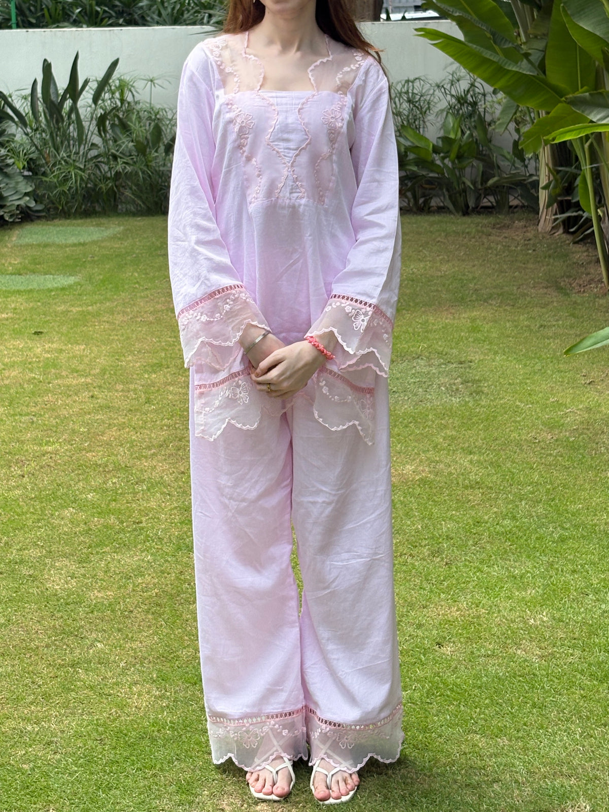 Baby Pink Cotton Silk Short Kurti with Pants | Embroidered Lace Co-Ord Set