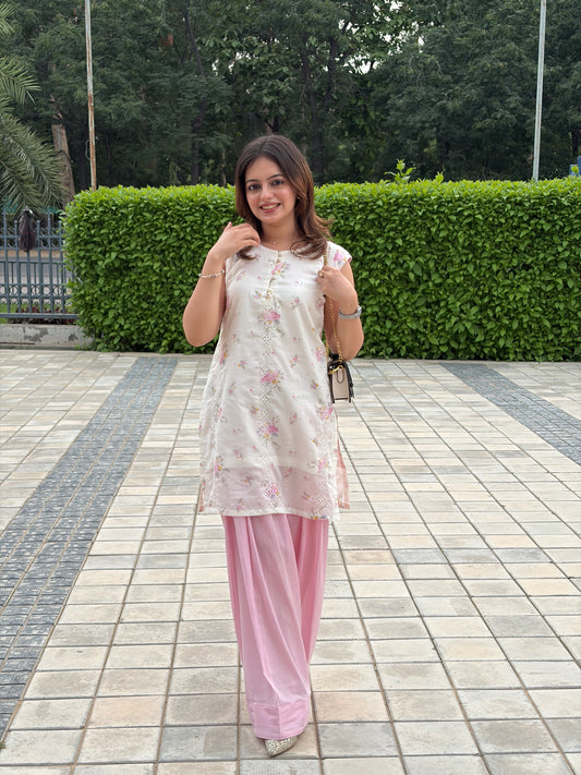 Premium Mul Cotton Hakooba Embroidered Top & Farshi Shalwar Set - Floral Print Co-ord Suit