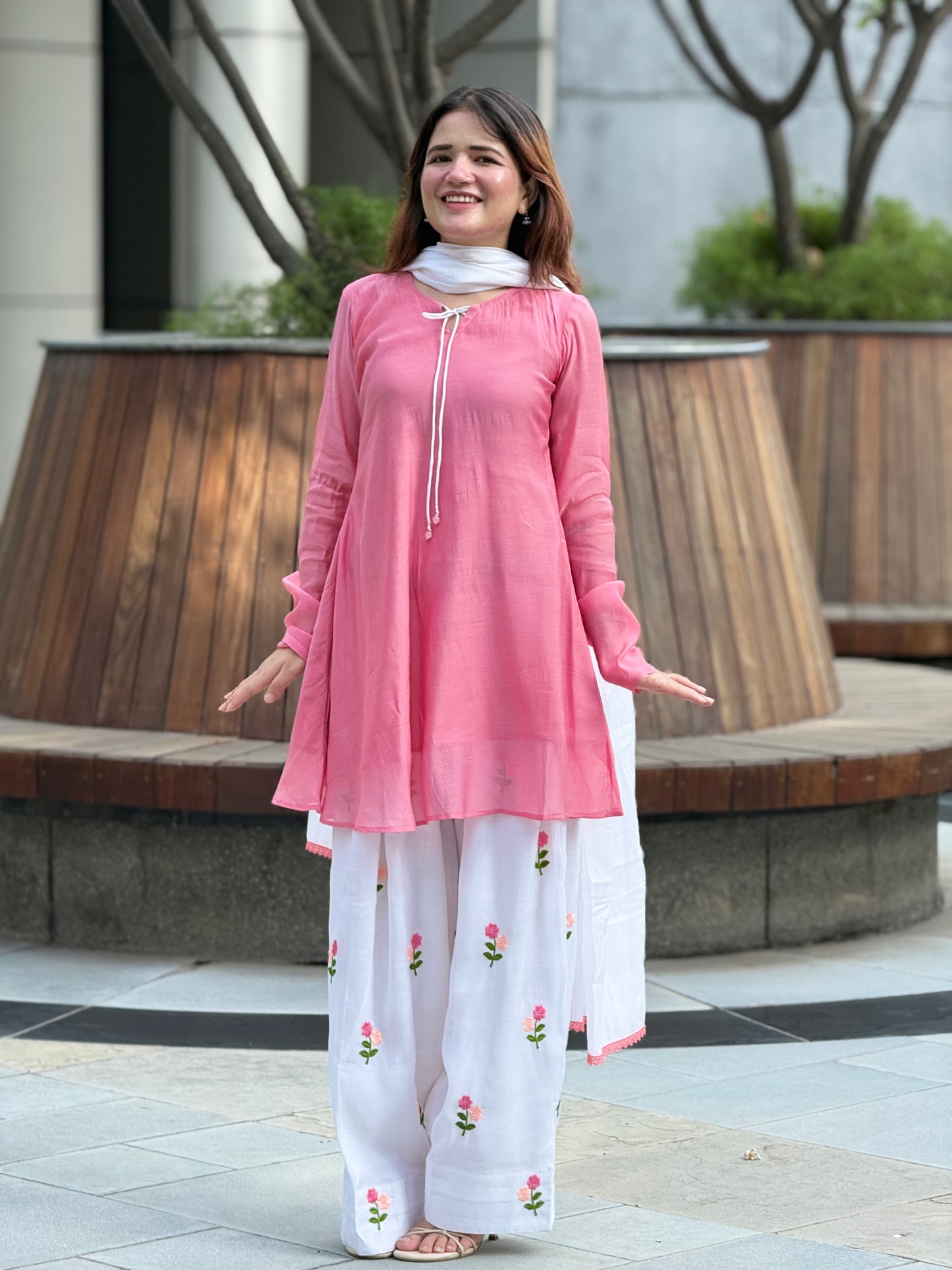 Pure Mal Chanderi Short Frock Suit Set with Floral Embroidered Farshi & Lace Dupatta