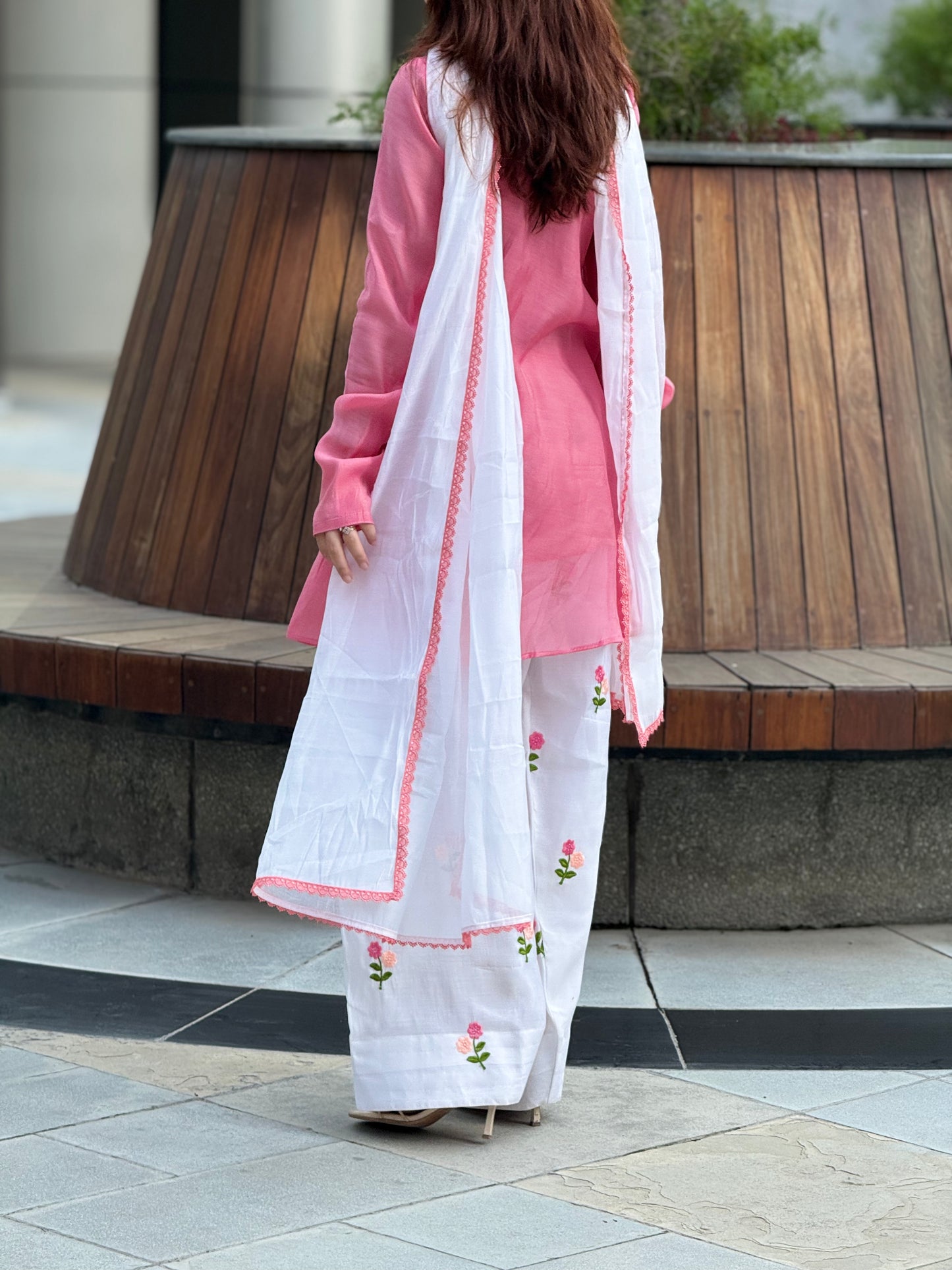 Pure Mal Chanderi Short Frock Suit Set with Floral Embroidered Farshi & Lace Dupatta