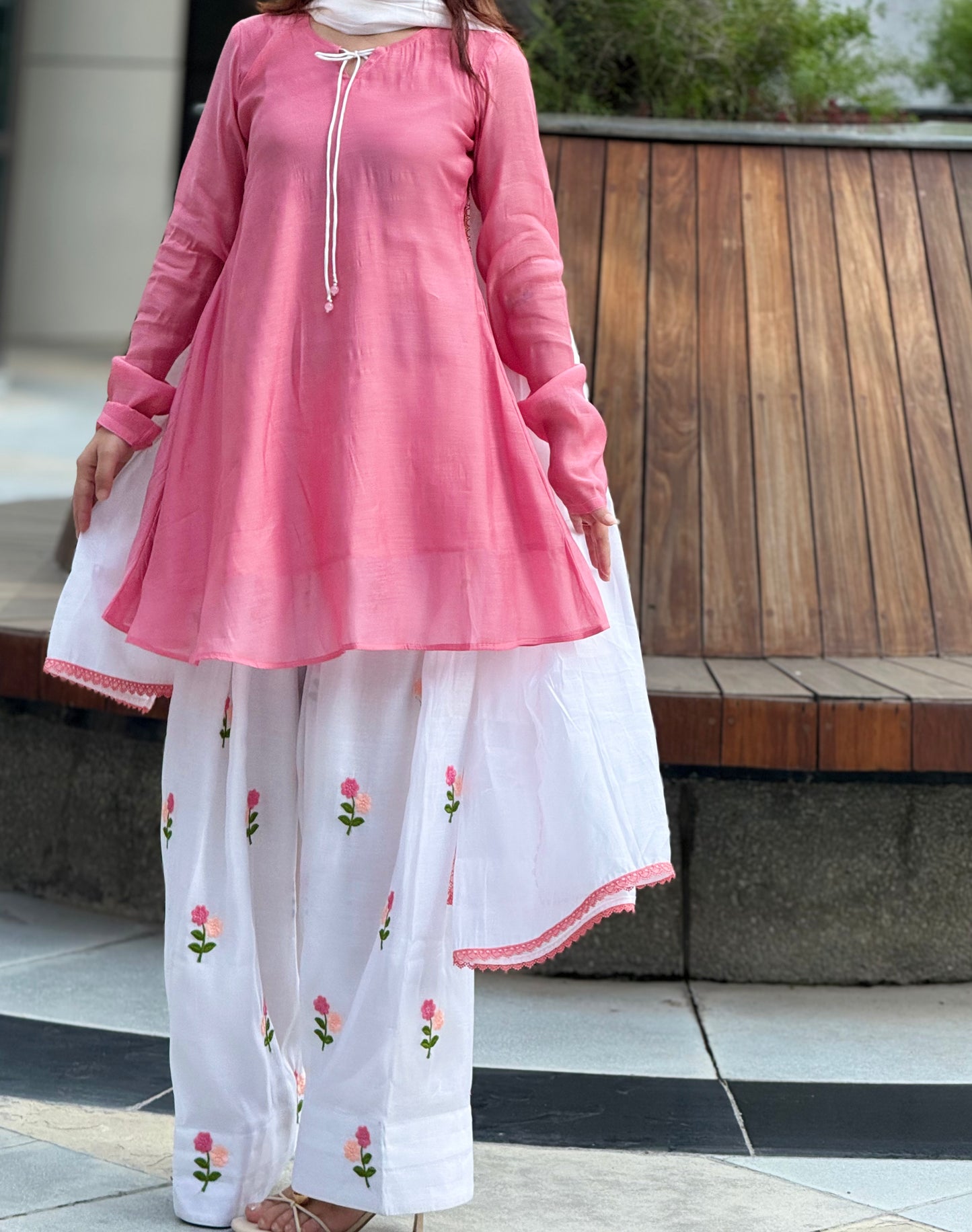 Pure Mal Chanderi Short Frock Suit Set with Floral Embroidered Farshi & Lace Dupatta