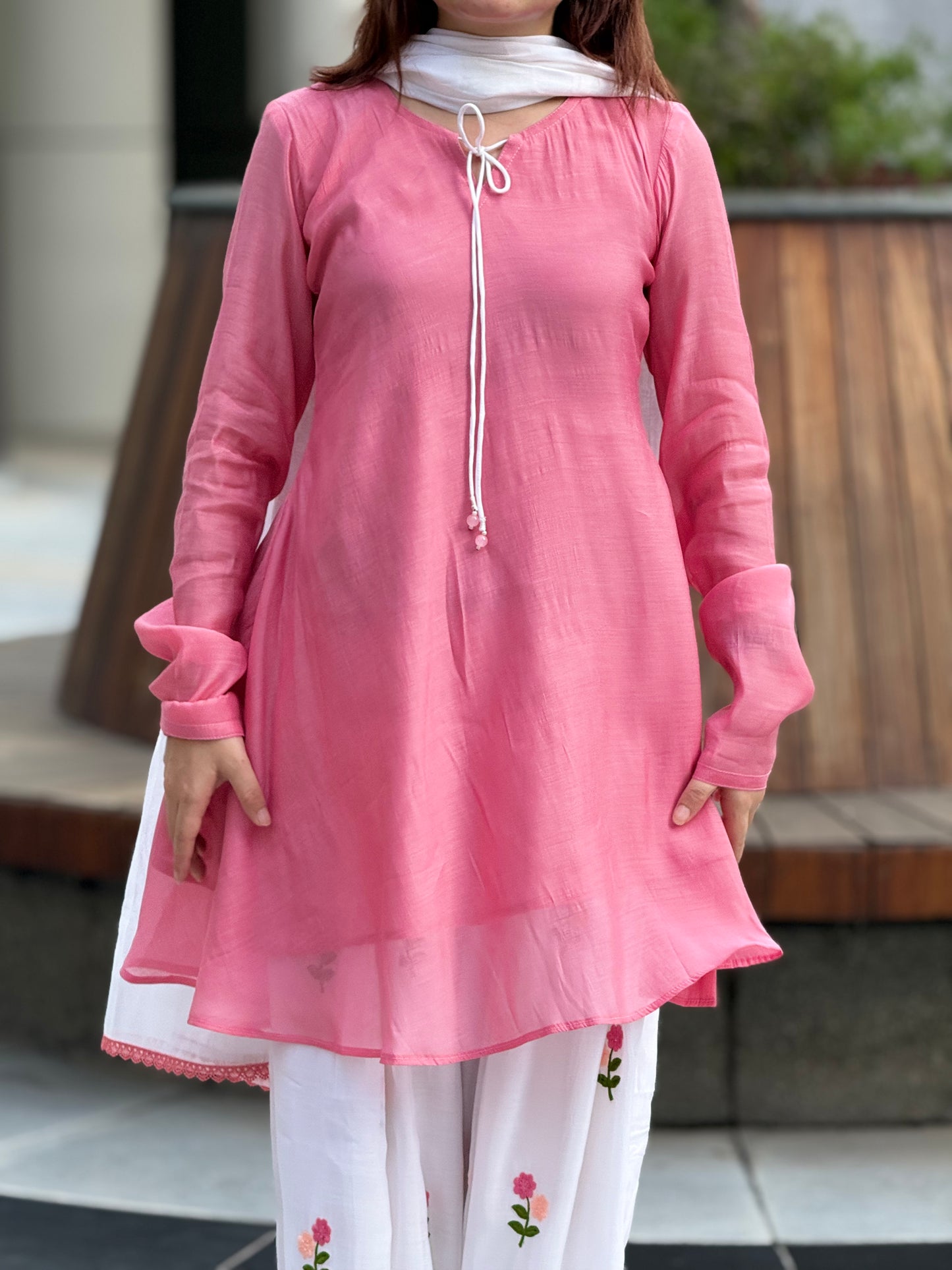 Pure Mal Chanderi Short Frock Suit Set with Floral Embroidered Farshi & Lace Dupatta