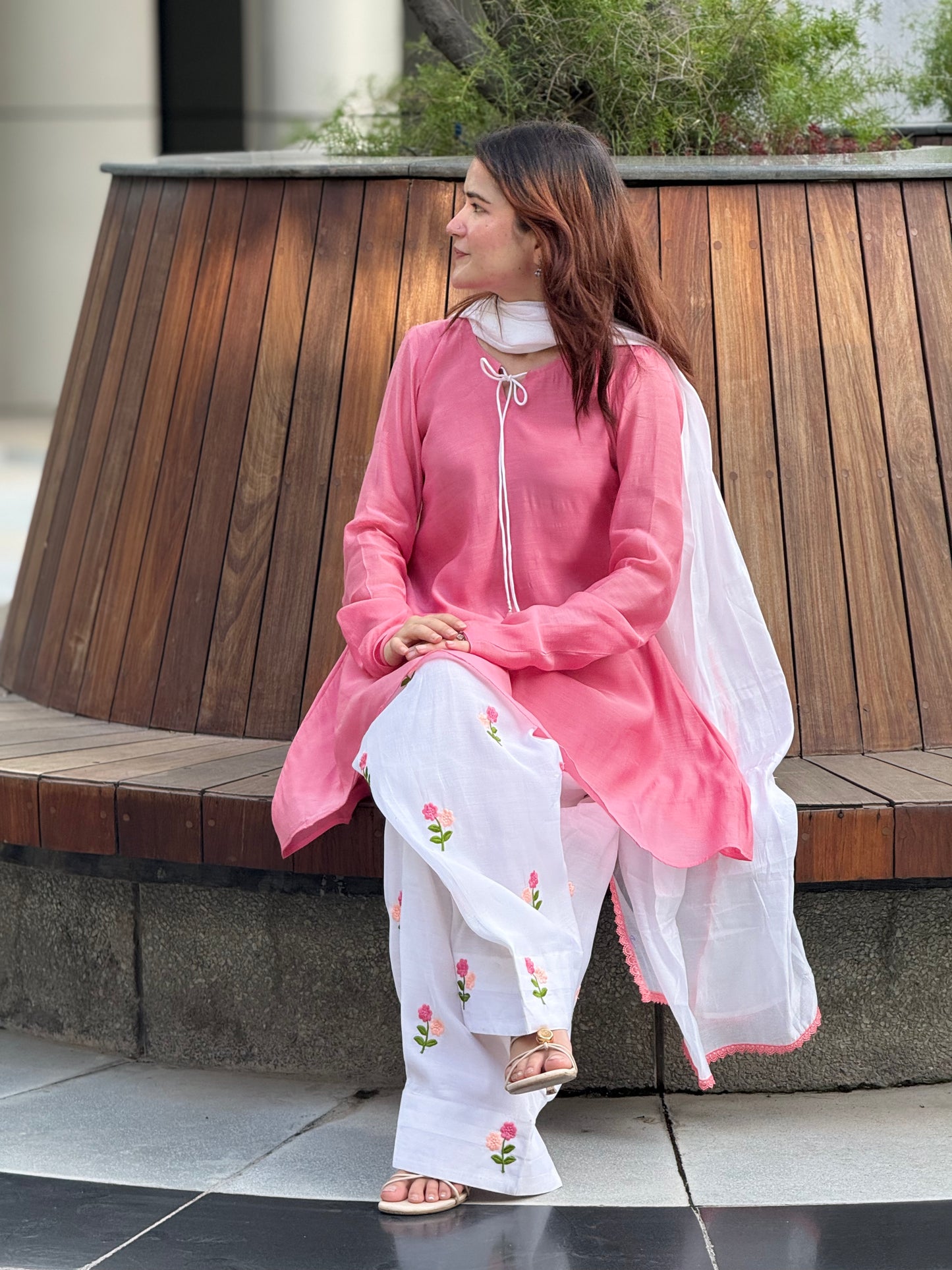 Pure Mal Chanderi Short Frock Suit Set with Floral Embroidered Farshi & Lace Dupatta