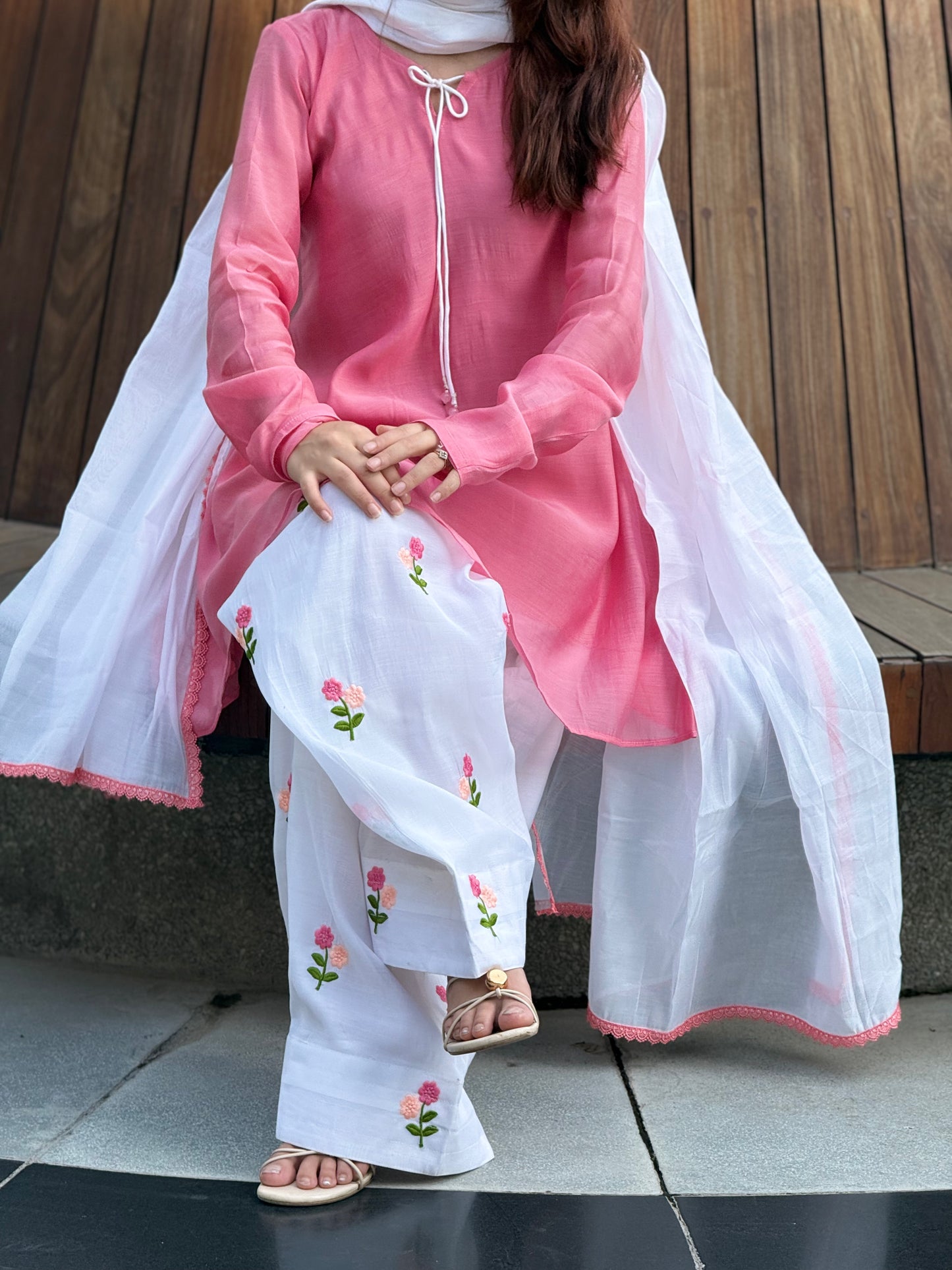 Pure Mal Chanderi Short Frock Suit Set with Floral Embroidered Farshi & Lace Dupatta