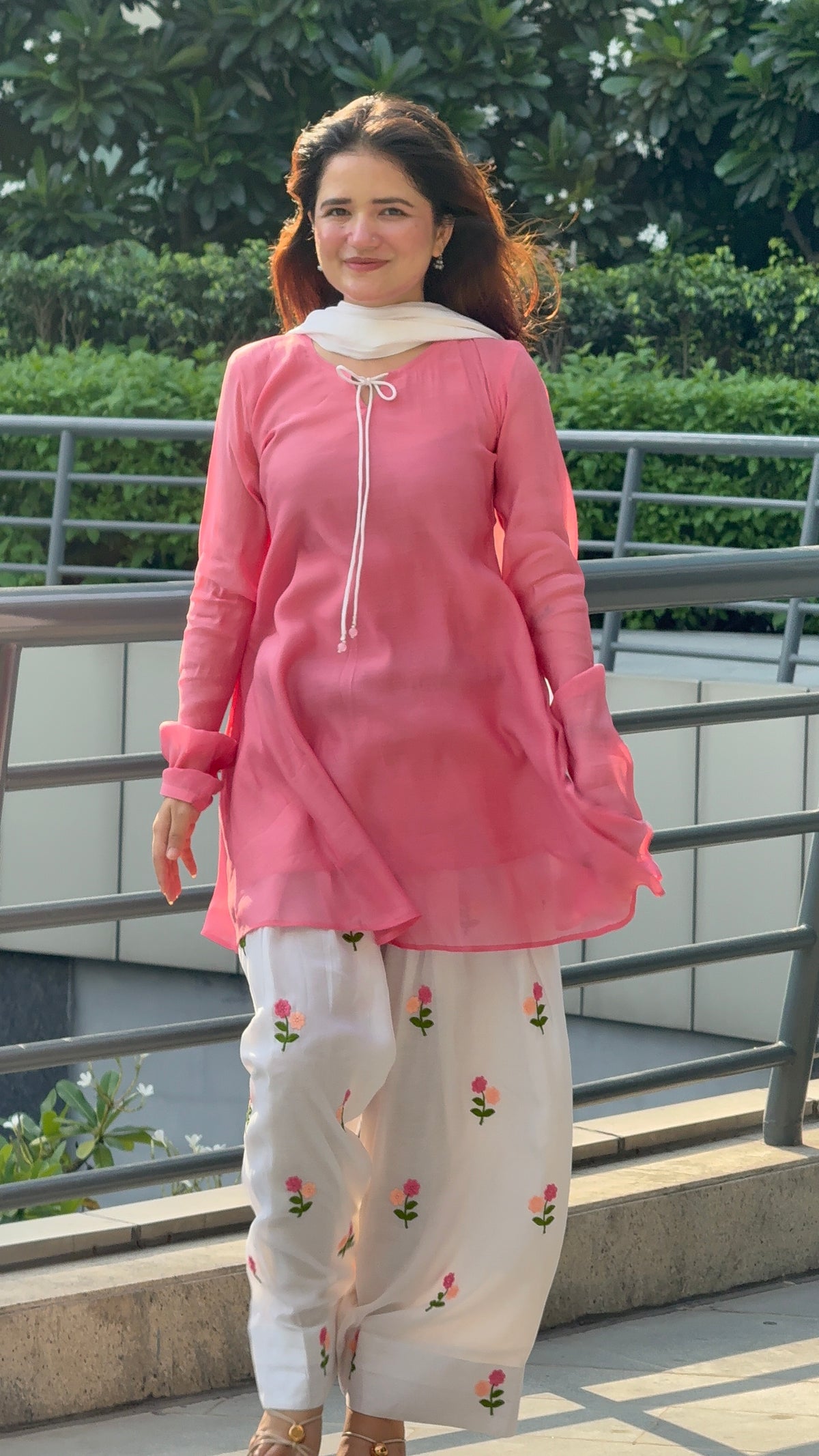 Pure Mal Chanderi Short Frock Suit Set with Floral Embroidered Farshi & Lace Dupatta