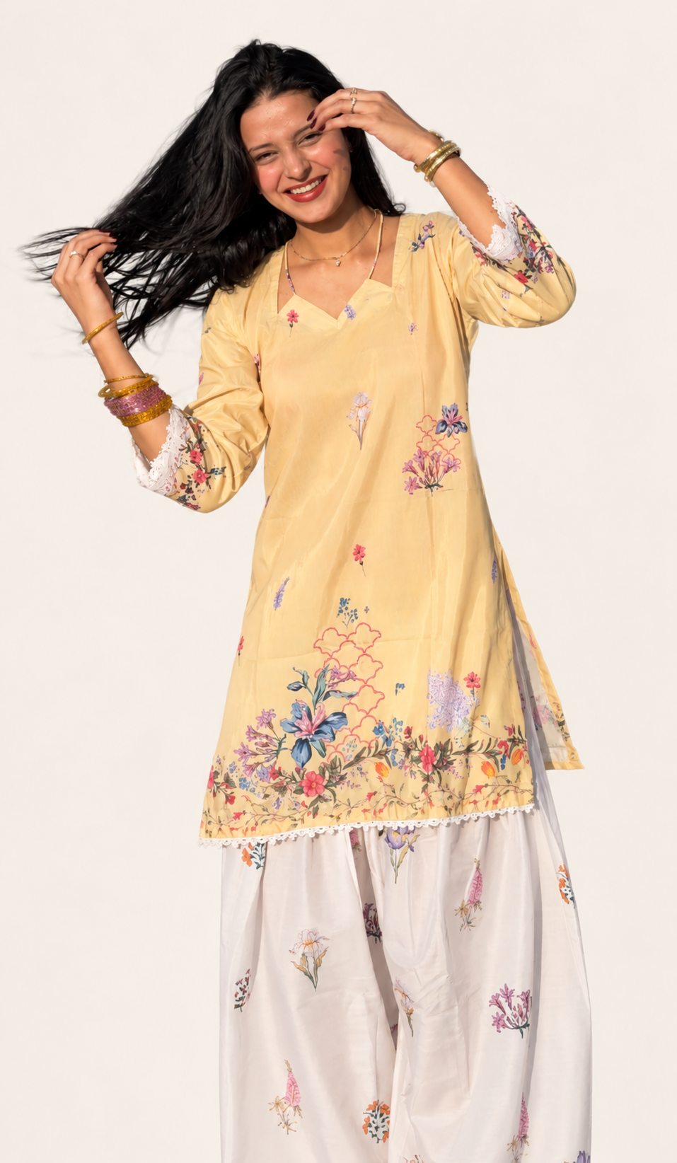 Pastel Yellow Floral Muslin Kurti with Printed Farshi Shalwar Set