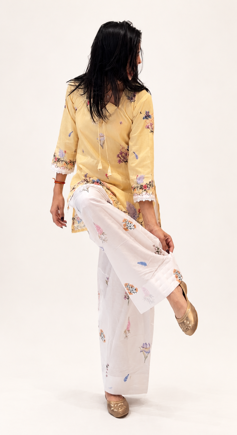 Pastel Yellow Floral Muslin Kurti with Printed Farshi Shalwar Set