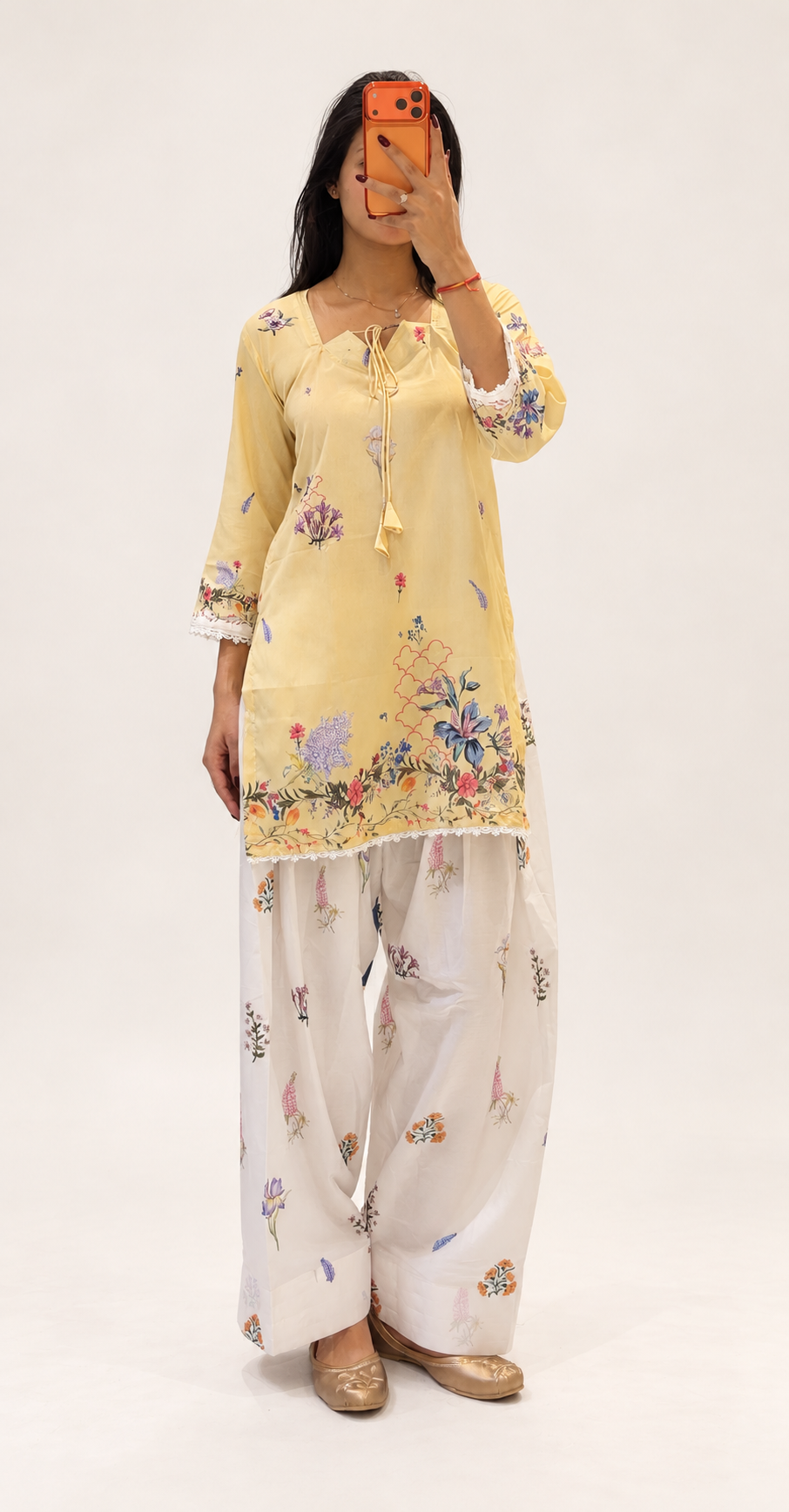 Pastel Yellow Floral Muslin Kurti with Printed Farshi Shalwar Set