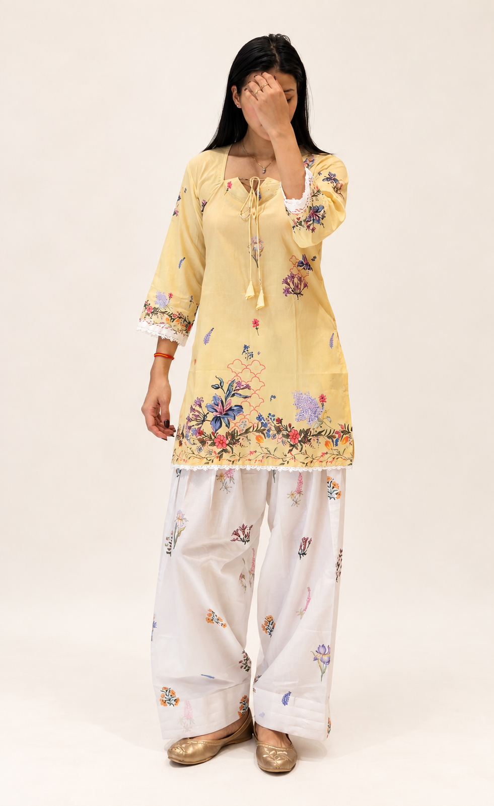 Pastel Yellow Floral Muslin Kurti with Printed Farshi Shalwar Set