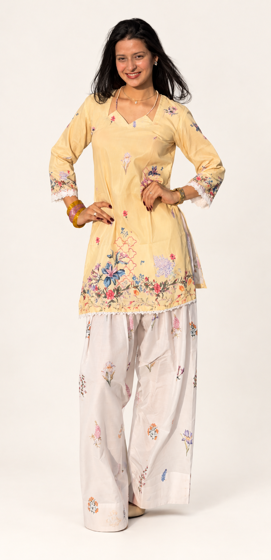 Pastel Yellow Floral Muslin Kurti with Printed Farshi Shalwar Set