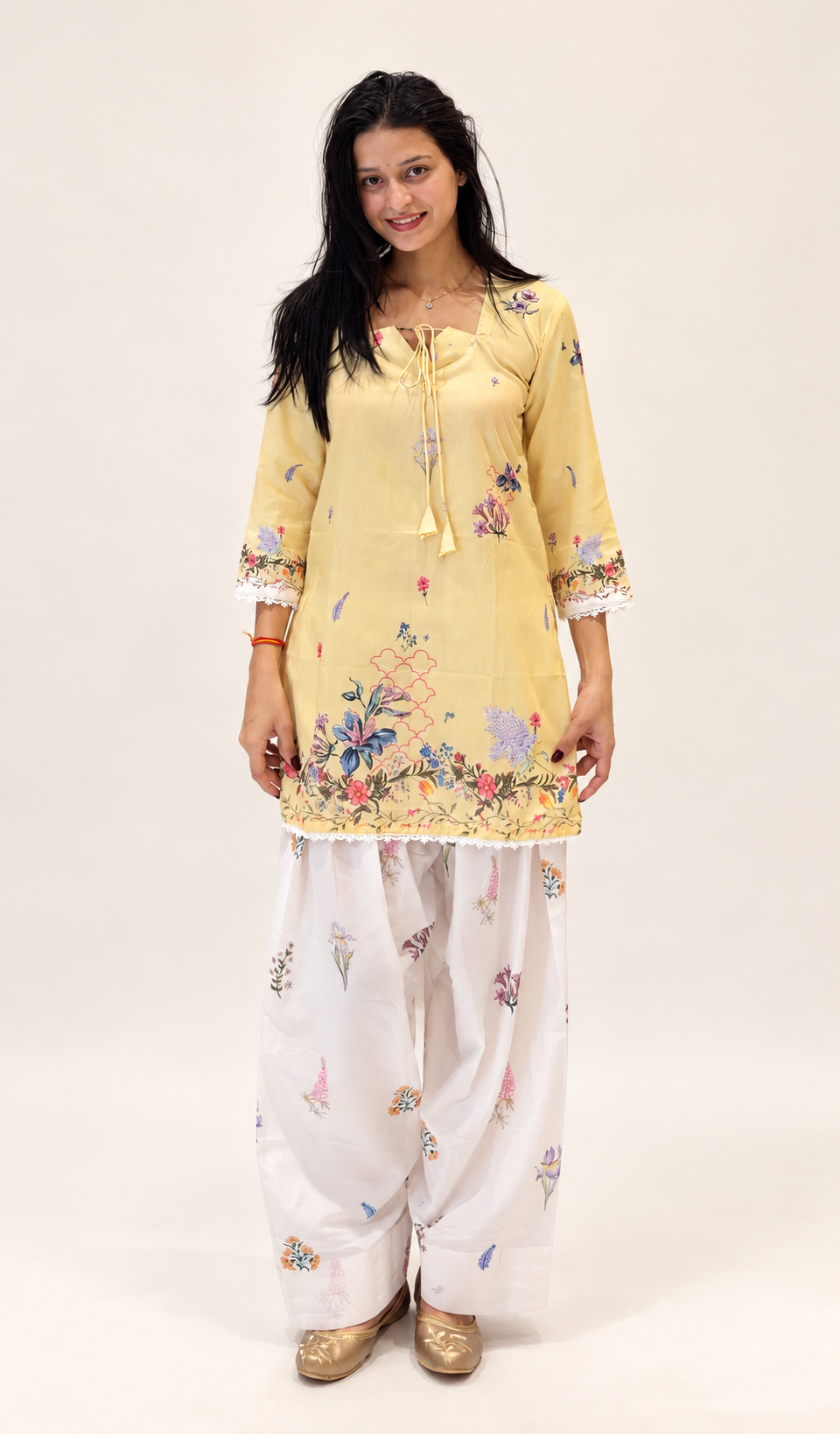 Pastel Yellow Floral Muslin Kurti with Printed Farshi Shalwar Set