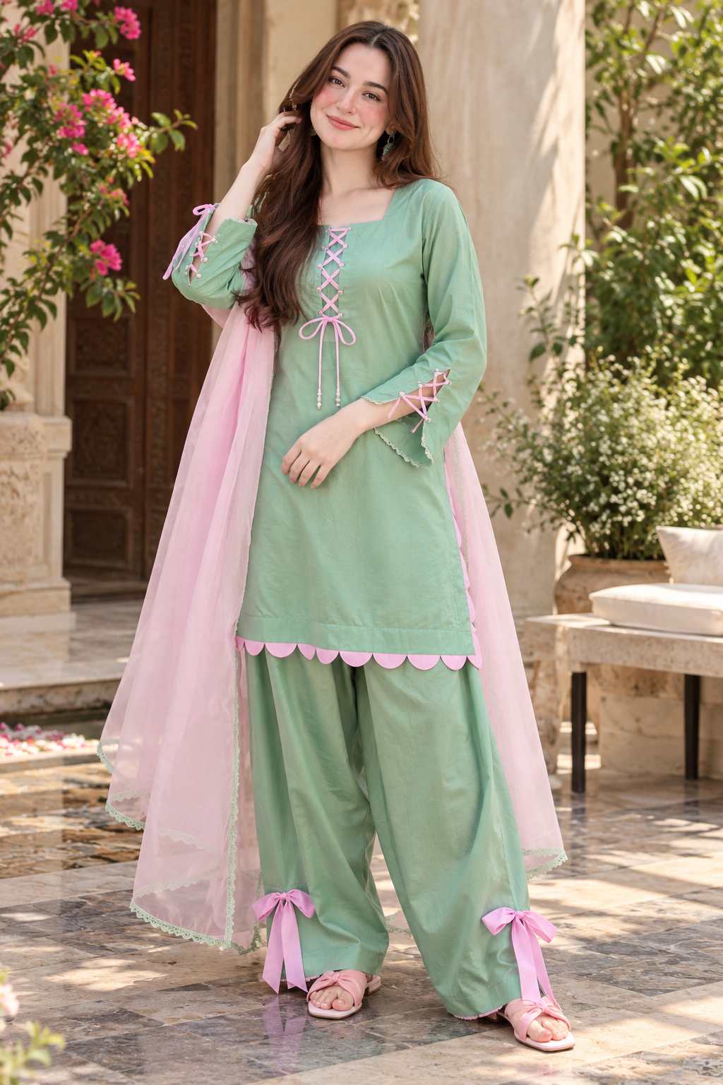 Mint Green Cotton Silk Farshi Suit Set with Pink Dupatta