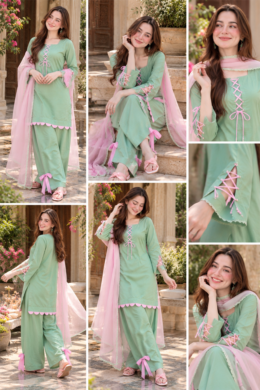 Mint Green Cotton Silk Farshi Suit Set with Pink Dupatta