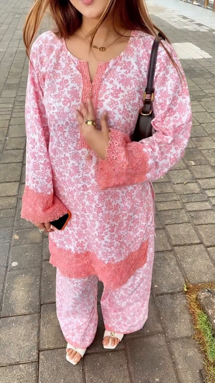 Peach Floral Mal Cotton Slub Farshi Set