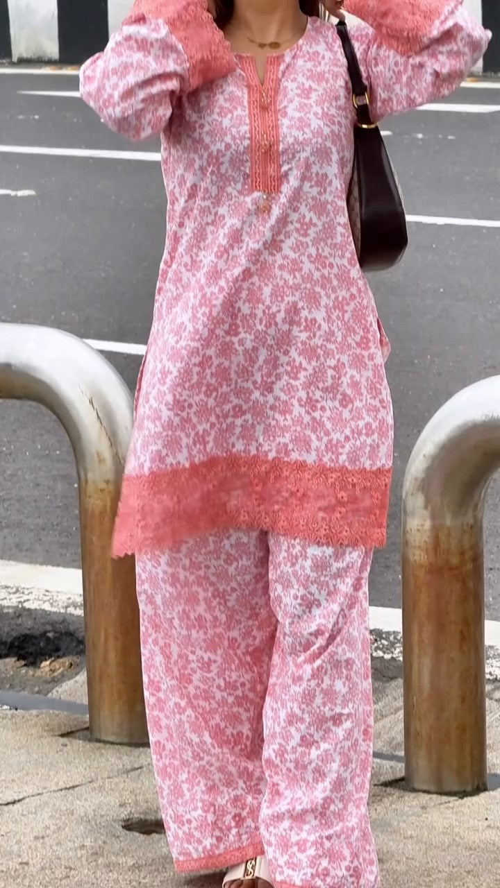 Peach Floral Mal Cotton Slub Farshi Set